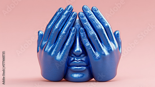 Blue sculptural face with hands covering eyes, abstract concept