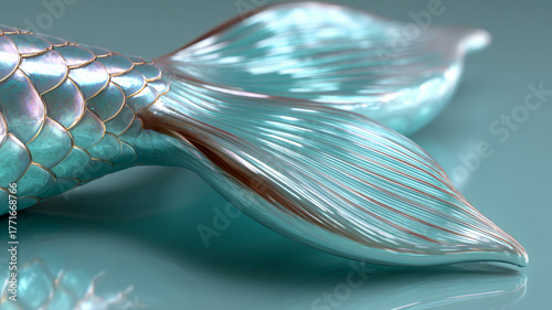Close-up of a shiny fish tail with scales in blue tones.