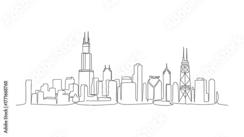 City Skyline: Minimalist illustration of a modern cityscape with iconic skyscrapers silhouetted against the sky, symbolizing urban development and architectural design.