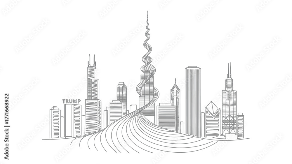 Fototapeta premium Urban Symphony: A striking illustration of a dynamic cityscape, where architectural marvels converge in a dance of lines and forms, creating an artistic vision of metropolitan grandeur.