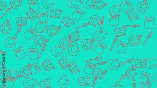 Colorful artistic pattern featuring paint palettes, books, and brushes on a vibrant turquoise background