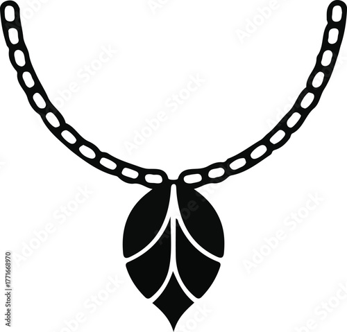 Necklace with leaf pendant icon, Black silhouette of a necklace featuring a chain and a decorative leaf-shaped pendant. The image represents jewelry, fashion accessories, elegance, or adornment.

