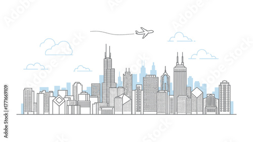 Cityscape and Airplane Silhouette: A minimalist skyline with an airplane flying over it, symbolizing travel, urban life, and the dynamic of a modern city.