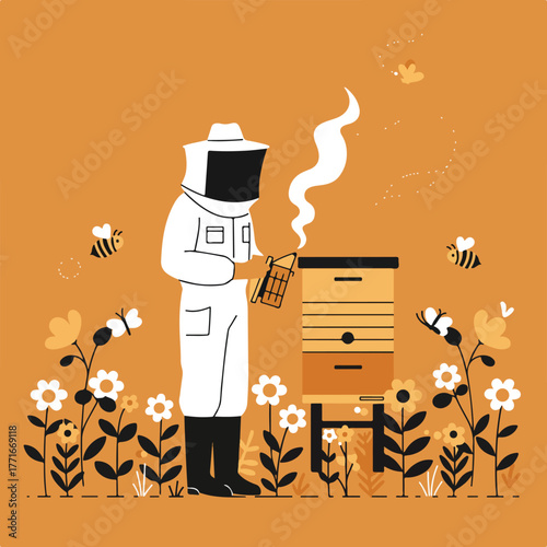 A beekeeper in a white suit, with bees, flowers, and a beehive amidst an orange background