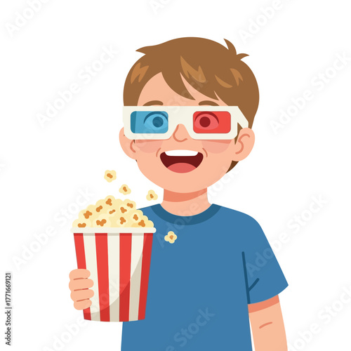 Boy with 3D Glasses Eating Popcorn, Movie Time, Cartoon