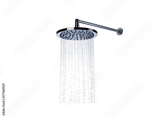 Isolated Rain Shower Head with Water Flowing (Transparent Background)