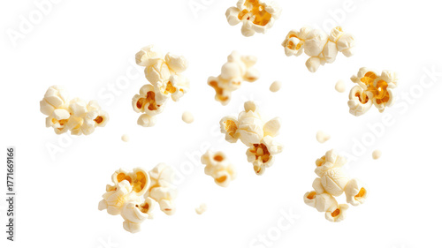Scattered popcorn pieces isolated on transparent background