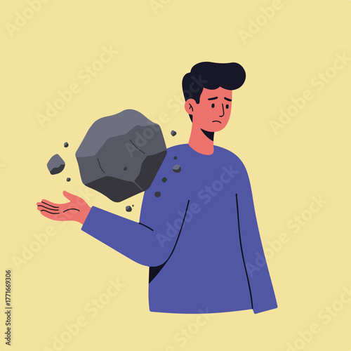 A sad-faced person, with a rock on their shoulder, extends a hand as if holding something, on a yellow-tone background
