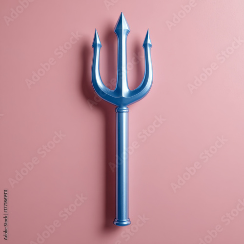 Shiny blue trident on a pink background, minimalistic design.