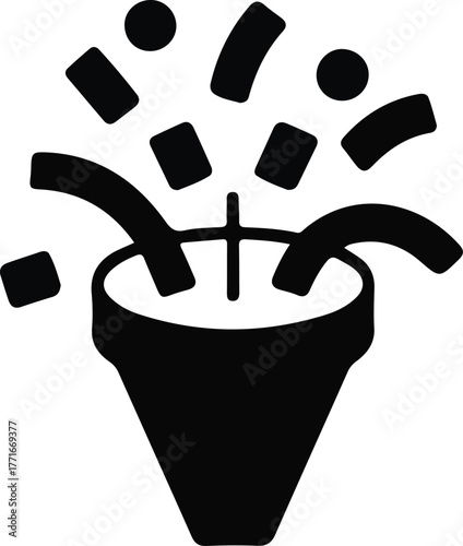 Party popper icon
, Black silhouette of a party popper emitting confetti and streamers. The image symbolizes celebration, joy, festivity, party time, and special occasions such as birthdays, New Year,