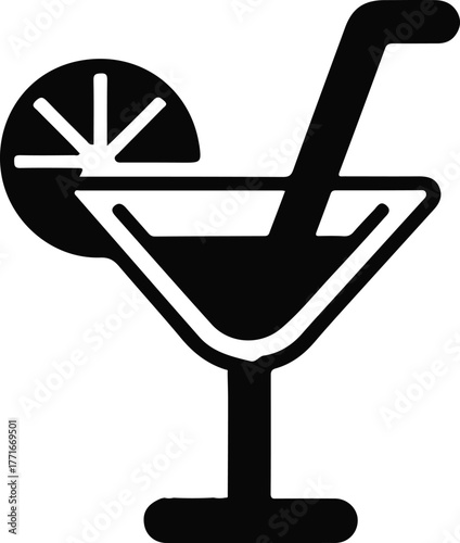 Cocktail glass with straw and lemon slice icon
, Black silhouette of a cocktail or martini glass containing a drink with a straw and a lemon or lime slice garnish on the rim. The image symbolizes beve