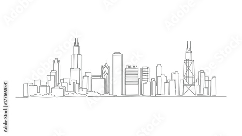 Chicago Skyline Sketch: A minimalist, artistic line drawing captures the essence of a vibrant cityscape, showcasing iconic architectural wonders against a bright backdrop.