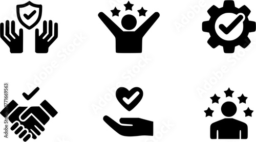 Six black icons representing trust, approval, and teamwork with hands, stars, and gears