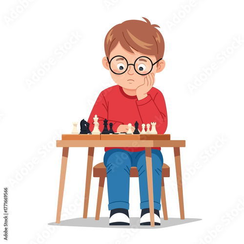 Chess Player Boy Strategy, Thinking, Game, Child, Illustration