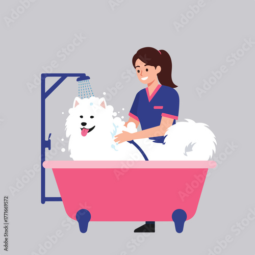 A woman in scrubs bathes a fluffy white dog in a pink tub. A blue shower head sprays