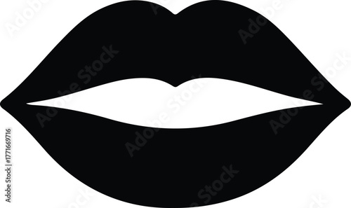Black lips silhouette symbolizing beauty and sensuality, Minimalist flat vector illustration of black lips, representing beauty, femininity, kiss, love, romance, and cosmetic or fashion themes.

