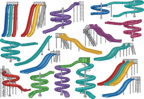 Water slides, amusement park, spiral slide, straight slide, wavy slide, colorful design, summer fun, recreation, playground, entertainment, aqua park, 