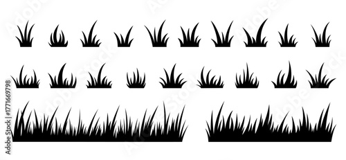 Silhouette of a grass icon set, isolated on a white background, black and white graphic illustration, vector. Grass bunches of different shapes. Lawn, lawn, field element for design, labels, covers