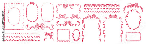 Frame with bow. Whimsical border with ribbon for menu, invitation. Vintage hand drawn coquette bow ribbon frame set. Whimsical line cute vector. French pink wavy doodle bg. Wedding, Christmas border