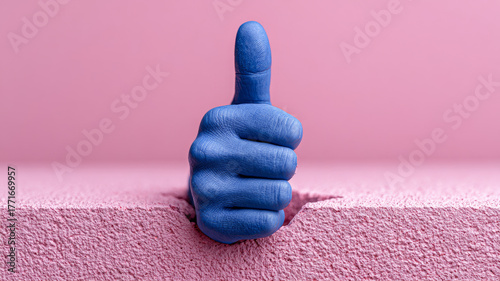 Blue hand thumbs up through pink surface.