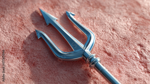 Silver trident on textured pink surface, close-up view.