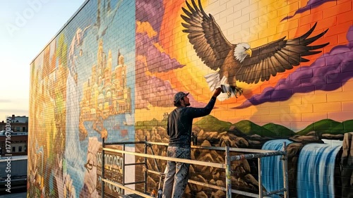 Artist Painting Large Colorful Mural on Brick Wall Featuring Nature Scene with Waterfall and Bald Eagle