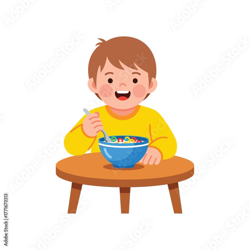 Boy Eating Cereal Happy Kid Breakfast, Healthy Food, Illustration
