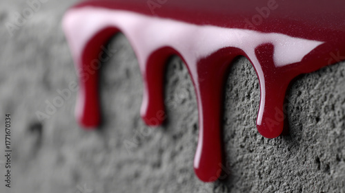 Red liquid dripping over textured gray surface.