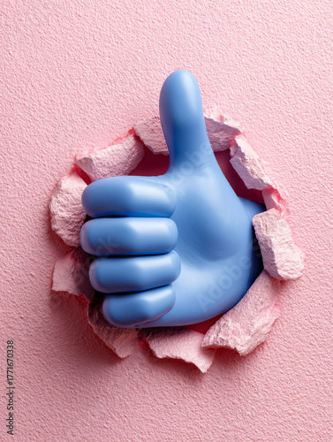 Blue thumbs up emerging through torn pink paper