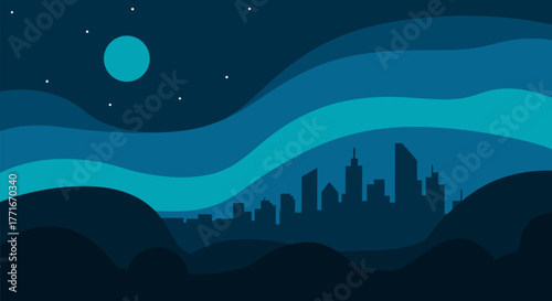 Nighttime Cityscape A Tranquil Silhouette Under the Moon and Stars - Abstract Vector Art
