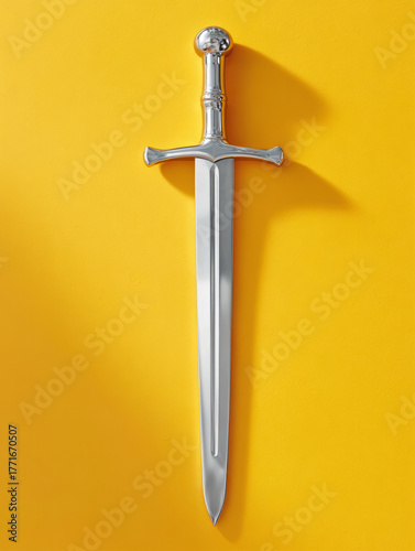 A shiny metal sword on a vibrant yellow background.