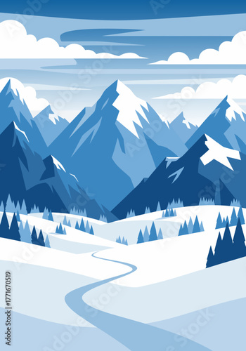 Majestic Winter Mountain Landscape with Snowy Peaks and Winding Path Through a Forest