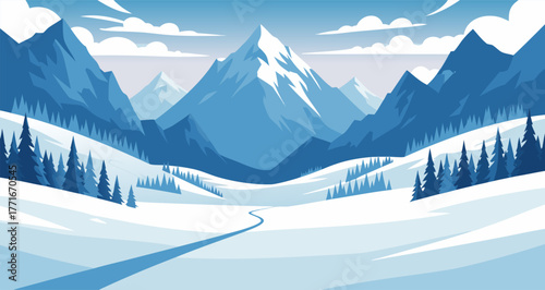 Breathtaking winter mountain landscape vector illustration with a winding path through a snowy, frozen valley and pine forest