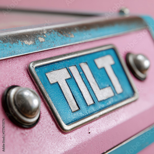 Close-up of pinball machine with 'Tilt' sign in retro style.