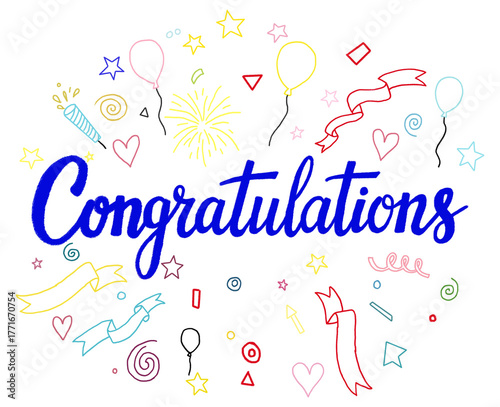 Illustration of hand drawn congratulations with balloons isolated on transparent background