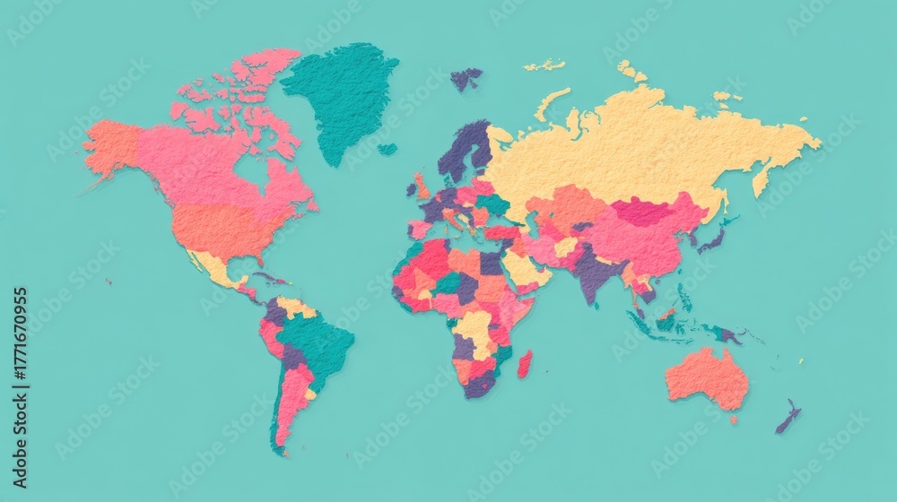 Fototapeta premium Breaking News Banner, Colorful world map illustration on a turquoise background.