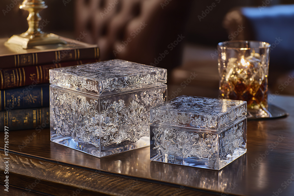 Fototapeta premium Luxury Crystal Keepsake Boxes Still Life | Elegant Glass Decor on Vintage Wooden Desk | Sophisticated Home Accent Art Print