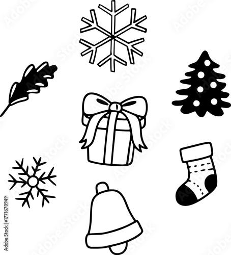 collection of doodle elements for the new year and christmas. snowflake, christmas tree, gift box, bell, leaf, sock