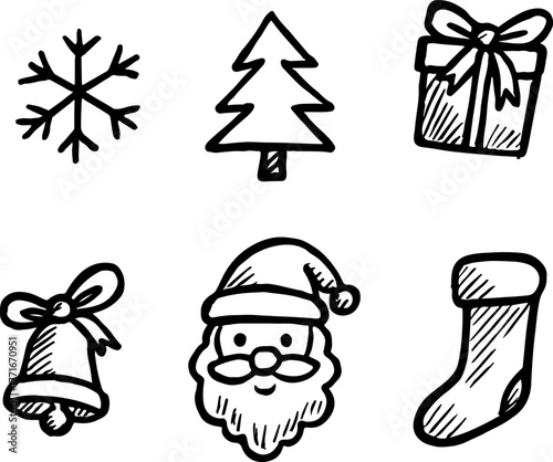 New Year collection in doodle style. snowflake, Christmas tree, gift box, bell, Santa, sock