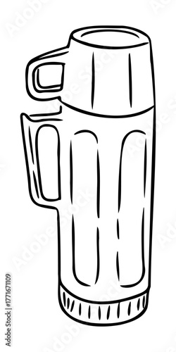 Hand drawn thermos bottle with cup lid in simple outline style. Represents travel accessory, outdoor adventure and hot drink concept