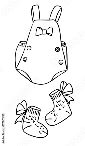 Cute baby romper with bow and matching socks with ribbons in hand drawn outline style. Represents baby fashion, childhood innocence and handmade clothing concept