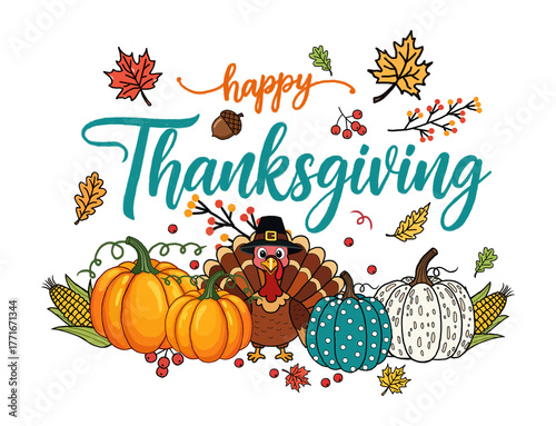 Illustration of hand drawn happy thanksgiving with pumpkins isolated on transparent background