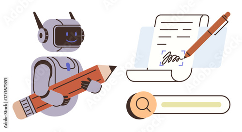 Robot holding pencil signifies AI involvement in creating or editing content. Features document signing and search bar integration. Ideal for AI, writing, creativity, automation, technology