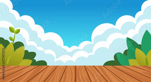 Cartoon Sky View with Wooden Floor, Clouds, and Greenery