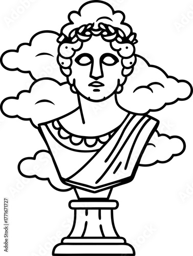 Classical marble statue bust with laurel wreath surrounded by clouds ancient greek or roman sculpture, outline drawing