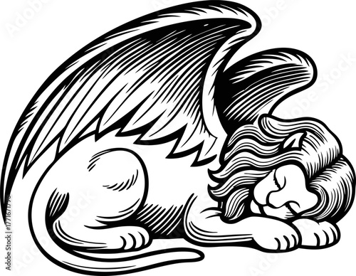Winged lion resting with head down, vintage mythical animal illustration, black and white detailed line art engraving