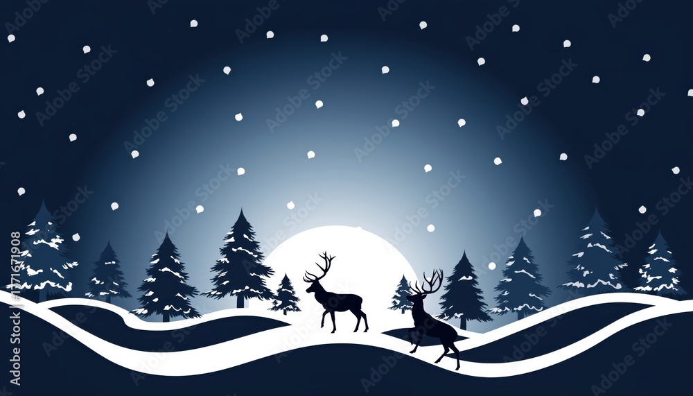 Naklejka premium Elegant winter scene with deer silhouettes against a snowy, moonlit backdrop creates a magical, festive feel, perfect for holiday cards and seasonal designs