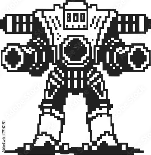 Pixel art robot mech with heavy armor, futuristic cybernetic exosuit, large cannons, sci fi mechanical design illustration