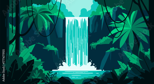 Vibrant Jungle Waterfall Scene with Lush Tropical Foliage and Cascading Water