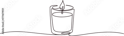 Single line drawing of a lit candle in a glass holder